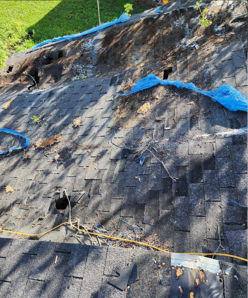 The roof of a house with a blue tarp on it